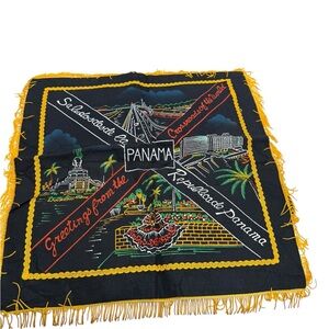 Panama Souvenir pillow cover  with Yellow Fringe 50s vintage
